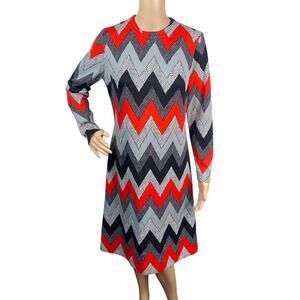 Vtg 60s Lady Carol Black Red Zig Zag A-line Mod Shift Dress SZ 12